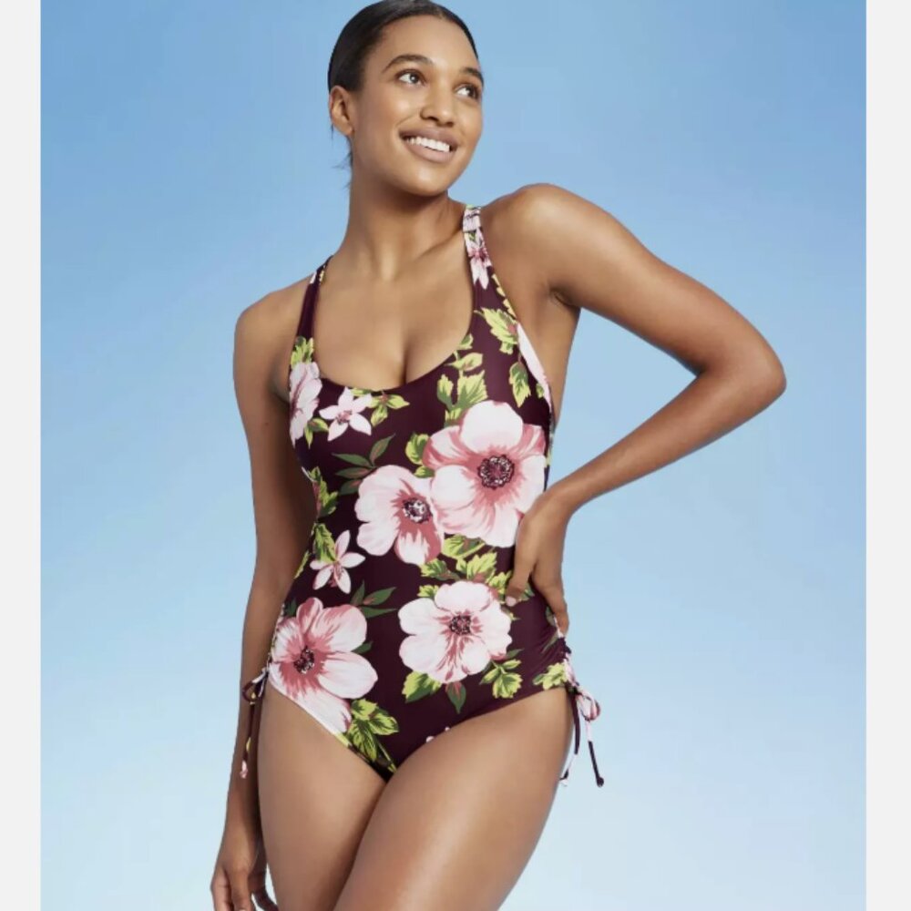 Kona Sol Burgundy Floral Print Side-Cinch Classic One Piece Swimsuit XS
